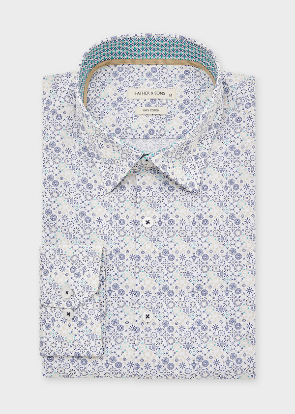 Chemise sport Slim en popeline de coton blanc à motif fantaisie bleu et beige - Father and Sons 46321