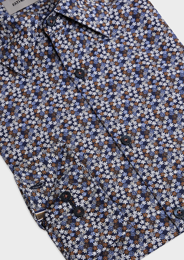 Chemise sport Slim en popeline de coton bleu indigo à motif fleuri écru, marron et lavande - Father and Sons 45966