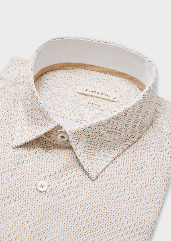 Chemise sport Slim en popeline de coton blanc à motifs géométriques marron - Father and Sons 44807