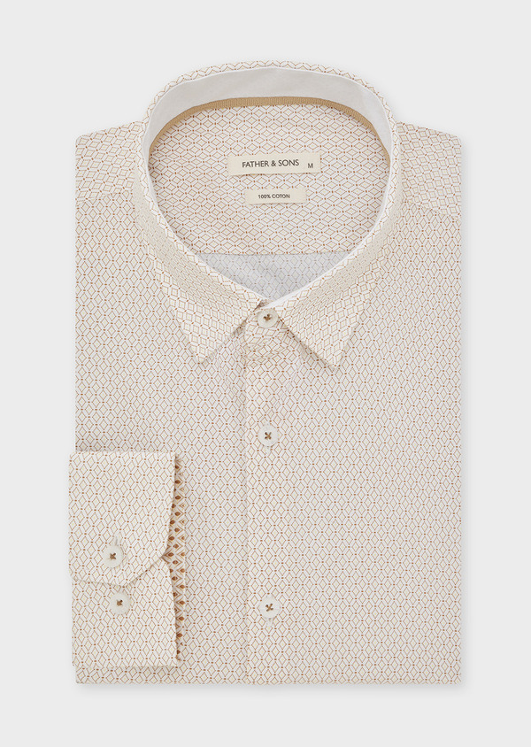 Chemise sport Slim en popeline de coton blanc à motifs géométriques marron - Father and Sons 44806