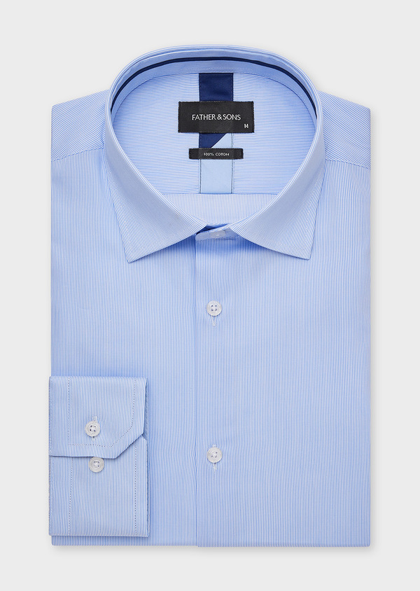 Chemise habillée non-iron Slim en popeline de coton bleu ciel à rayures blanches - Father and Sons 43255