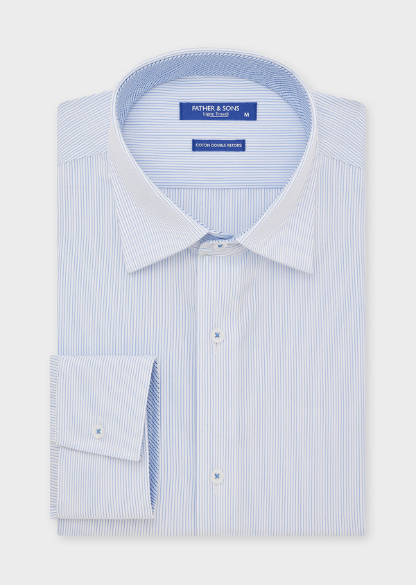 Chemise habillée non-iron Slim en popeline de coton blanc à rayures bleues - Father and Sons 44614