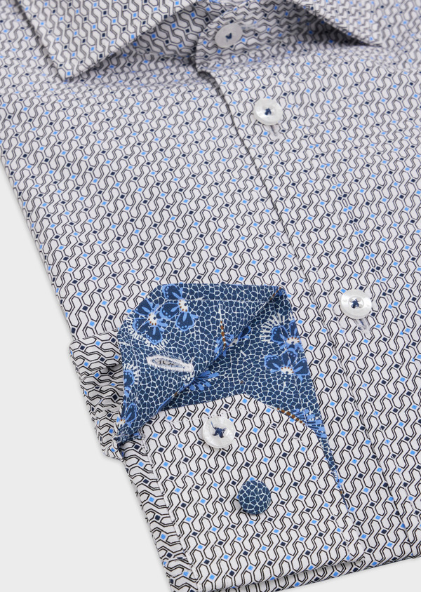Chemise sport Slim en popeline de coton blanc à motif fantaisie bleu - Father and Sons 48353