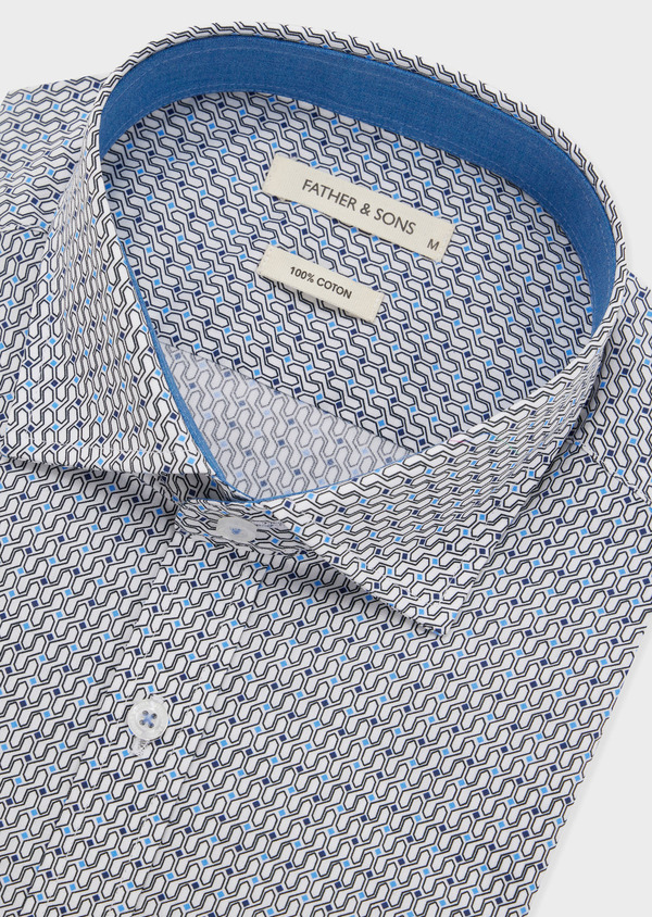 Chemise sport Slim en popeline de coton blanc à motif fantaisie bleu - Father and Sons 51621