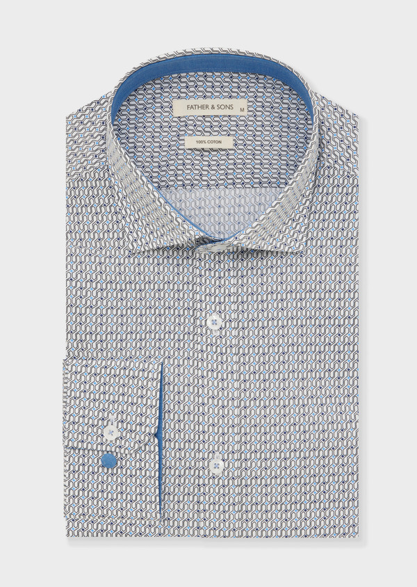 Chemise sport Slim en popeline de coton blanc à motif fantaisie bleu - Father and Sons 51620