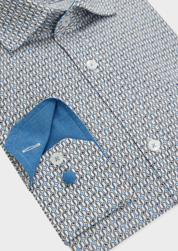 Chemise sport Slim en popeline de coton blanc à motif fantaisie bleu - Father and Sons 51622