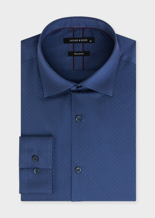 Chemise habillée Slim en popeline de coton bleu indigo à motif fantaisie bordeaux et blanc - Father and Sons 50022