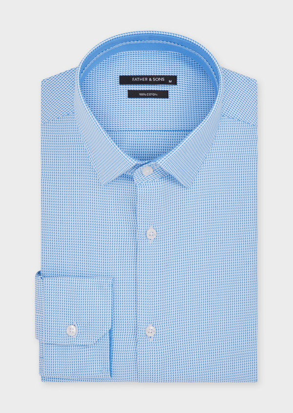 Chemise habillée Slim en façonné de coton bleu azur à motif fantaisie blanc - Father and Sons 49470