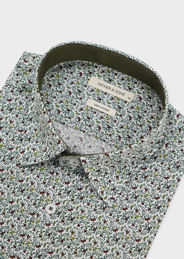 Chemise sport Slim en popeline de coton blanc à motif fleuri vert et marron - Father and Sons 51618