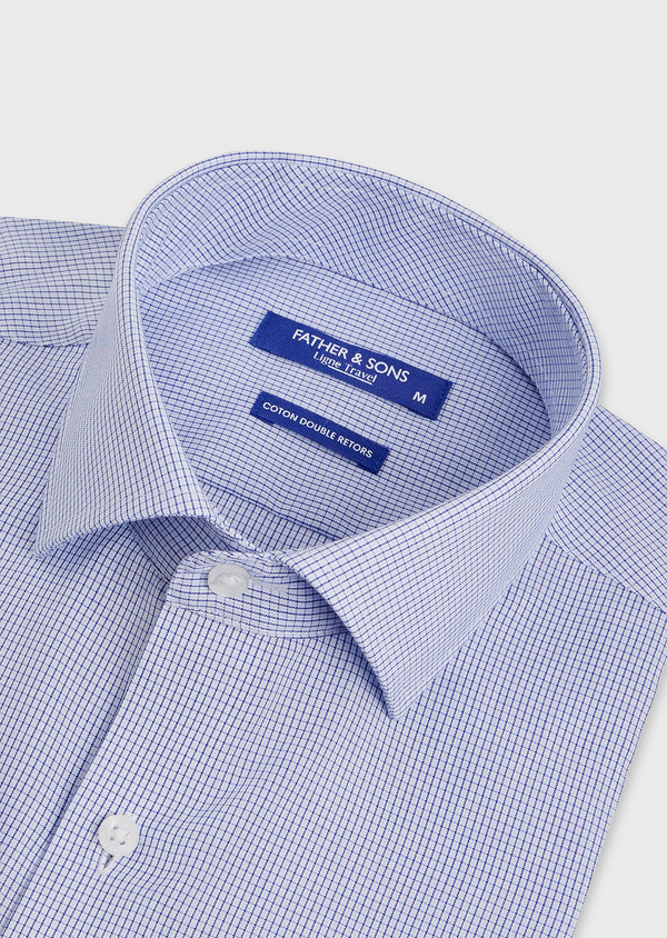 Chemise habillée non-iron Slim en coton Jacquard blanc à carreaux bleu marine - Father and Sons 48228