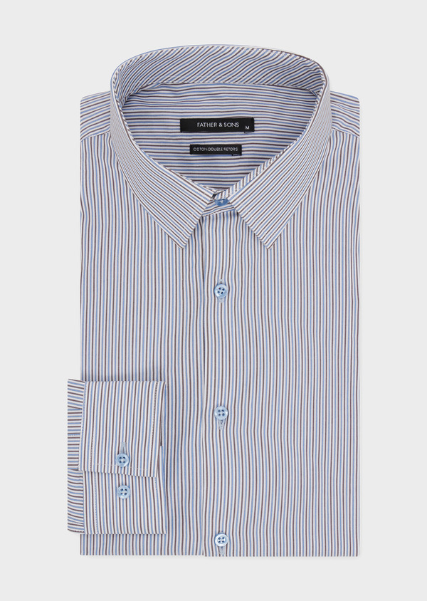 Chemise habillée Slim en popeline de coton blanc à rayures bleu azur et marron - Father and Sons 49146