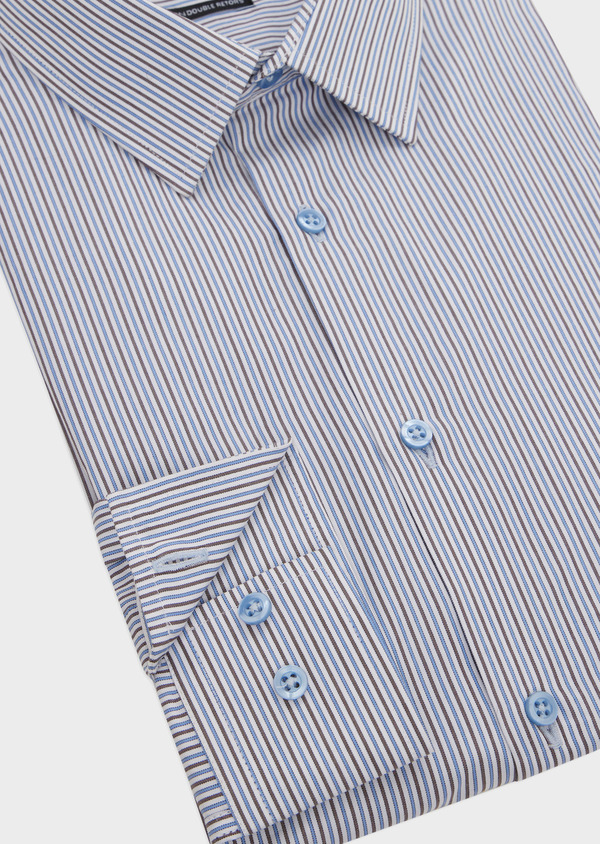 Chemise habillée Slim en popeline de coton blanc à rayures bleu azur et marron - Father and Sons 49148