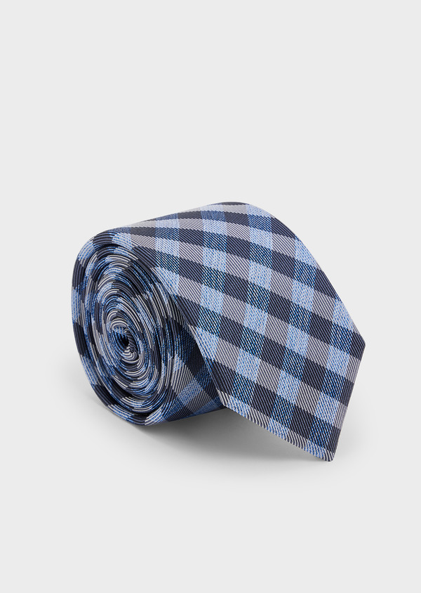 Cravate fine en soie bleu azur à carreaux bleu marine - Father and Sons 44994