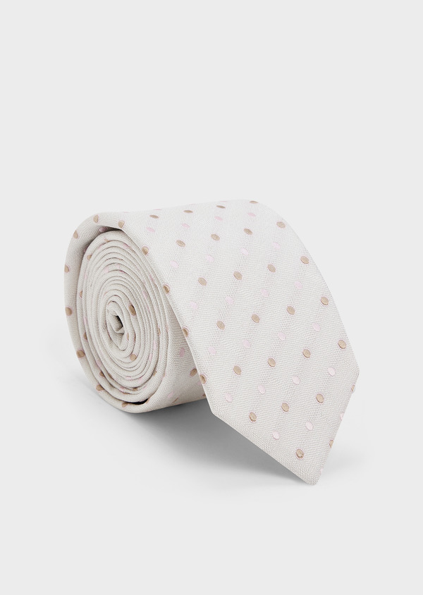 Cravate fine en soie écrue à pois rose et beige - Father and Sons 45041