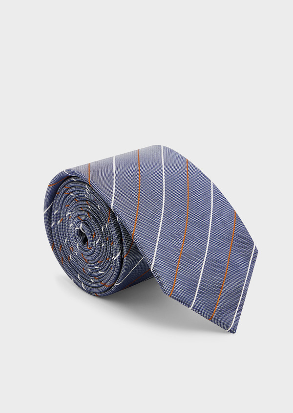 Cravate fine en soie bleu pâle à rayures blanc et cognac - Father and Sons 45878