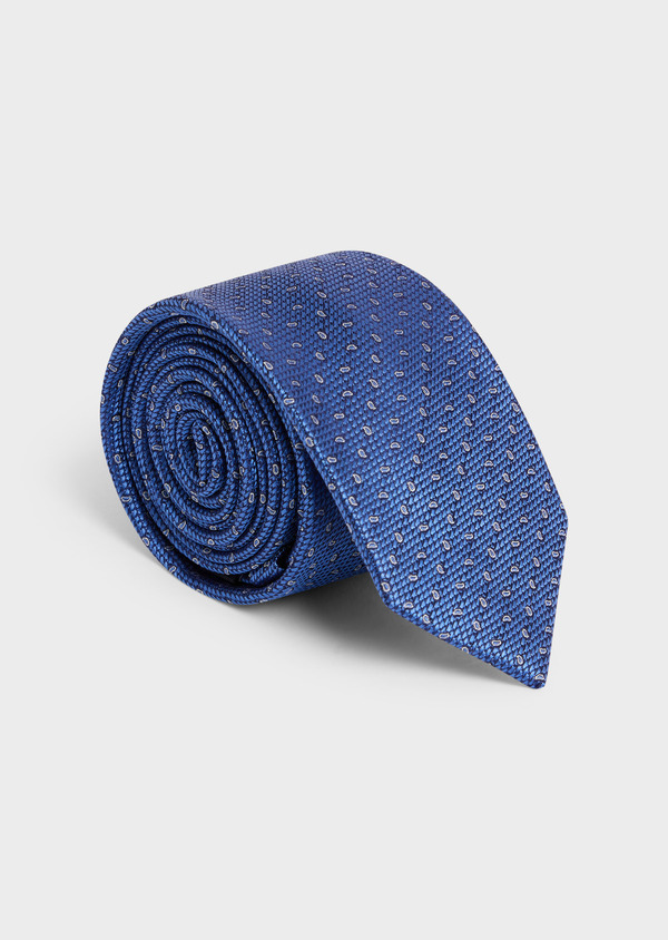 Cravate large en soie bleu azur à motif fantaisie blanc - Father and Sons 58131
