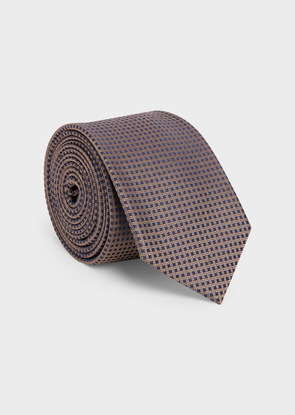 Cravate large en soie bleu marine à motif fantaisie beige - Father and Sons 48496