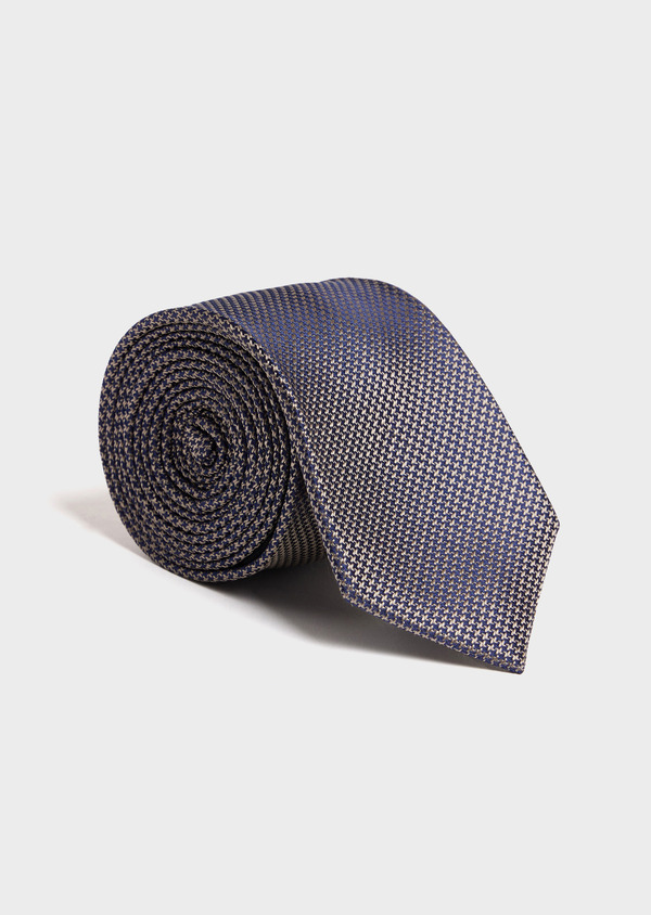 Cravate large en soie beige à motif fantaisie bleu - Father and Sons 52453