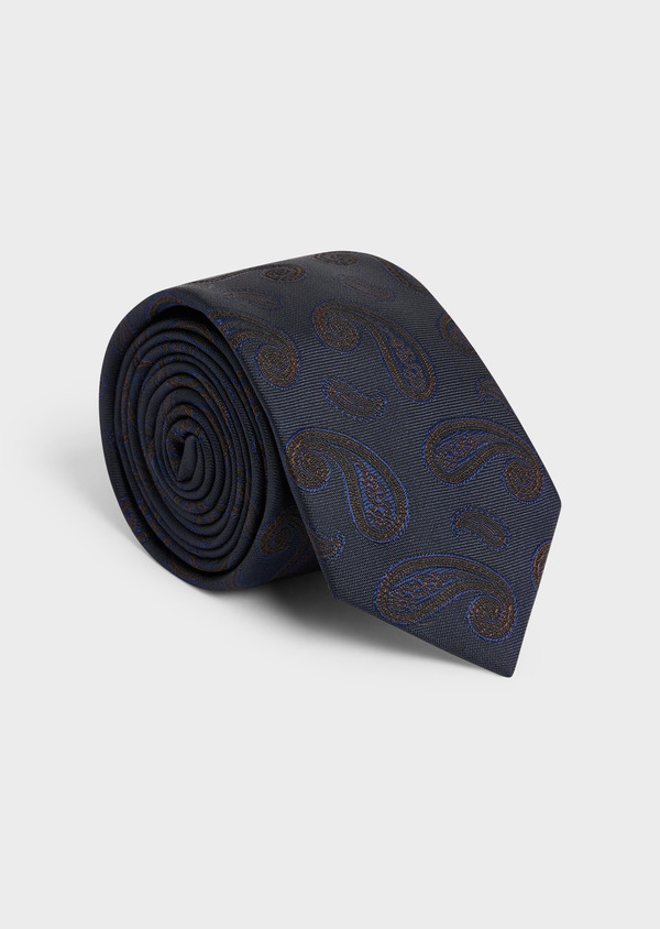 Cravate large en soie mélangée bleu jeans à motif cachemire cognac - Father and Sons 57884