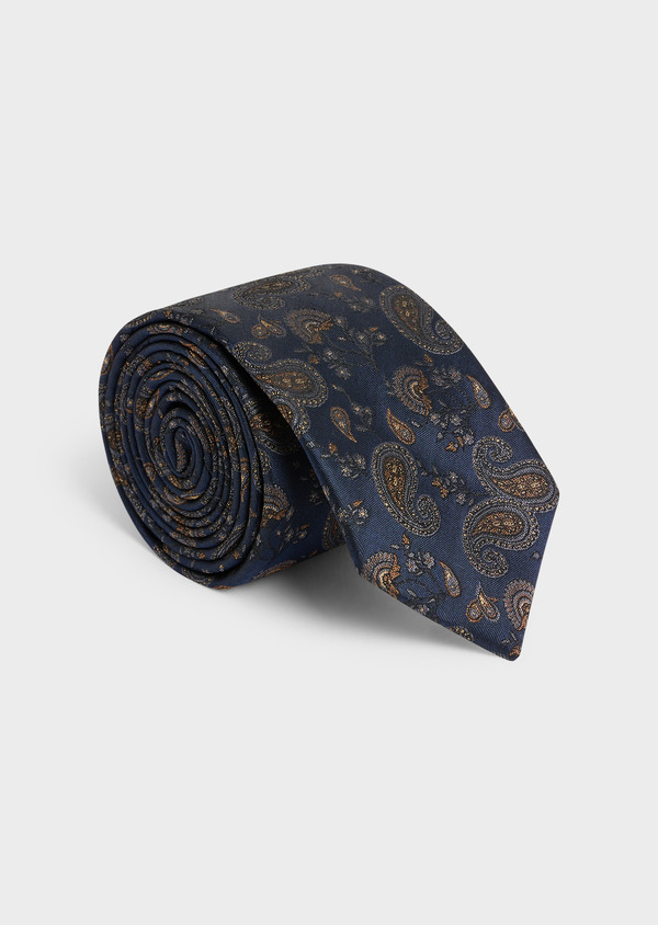 Cravate large en soie mélangée bleu jeans à motif cachemire jaune - Father and Sons 57887