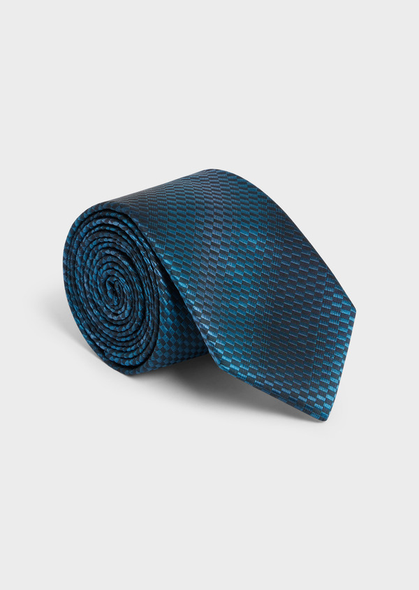 Cravate large en soie bleu paon à motifs géométriques bleu marine - Father and Sons 57892