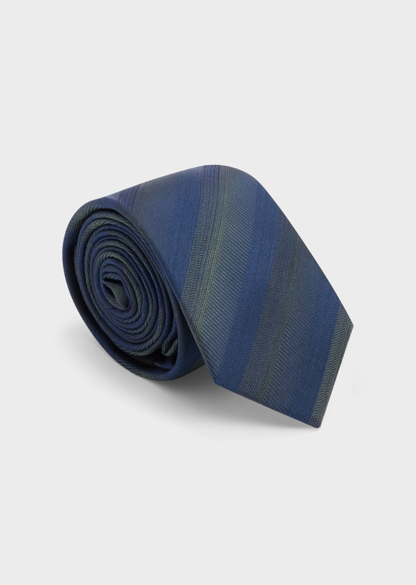 Cravate fine en soie bleu prusse à rayures bleu marine - Father and Sons 48497