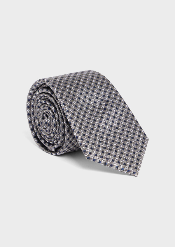 Cravate large en soie gris moyen à motifs géométriques bleu et blanc - Father and Sons 49155
