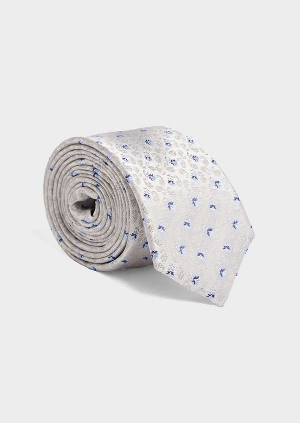 Cravate fine en soie gris perle à motif fantaisie bleu ciel - Father and Sons 52080