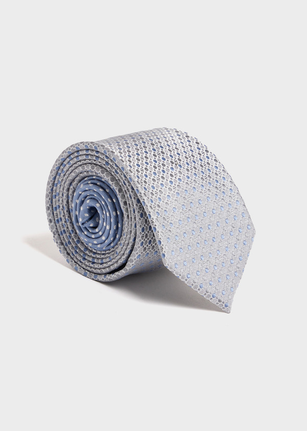 Cravate large en soie gris perle à motif fantaisie bleu ciel - Father and Sons 52459