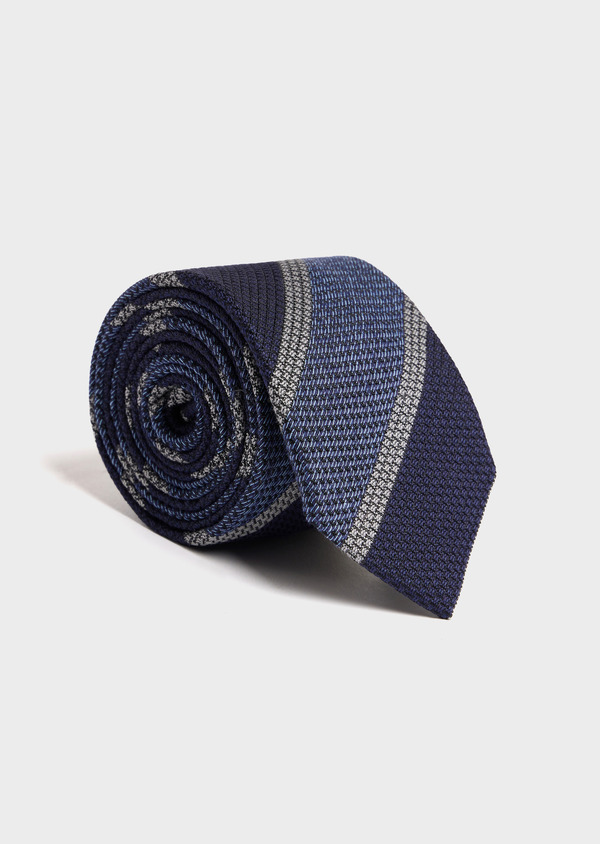 Cravate large en soie mélangée bleu indigo à rayures grises - Father and Sons 52064