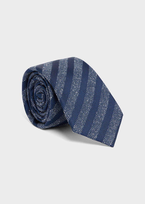 Cravate large en soie à rayures bleu marine et bleu chiné - Father and Sons 49150