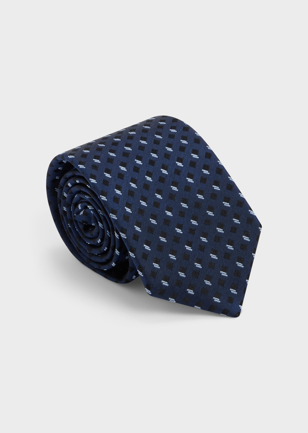 Cravate large en soie bleu marine à motif fantaisie noir et bleu ciel - Father and Sons 48518