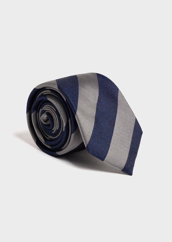 Cravate large en soie bleu marine à rayures grises - Father and Sons 52455
