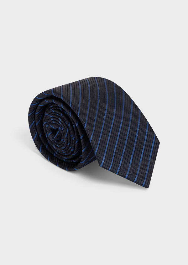 Cravate large en soie noire à rayures bleues - Father and Sons 48519