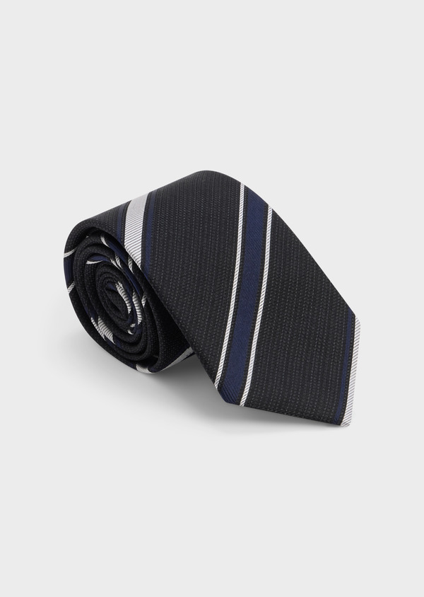 Cravate large en soie noire à rayures bleu marine et blanc - Father and Sons 48521