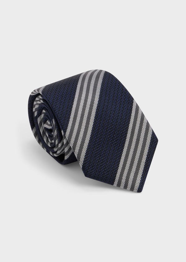 Cravate large en soie noir et bleu à rayures blanc et gris - Father and Sons 48522