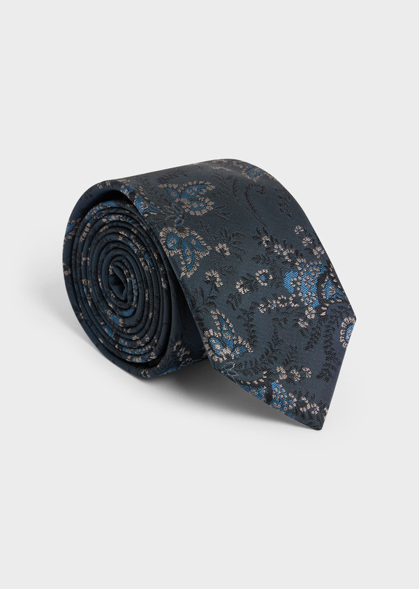 Cravate large en soie mélangée bleu prusse à motif fleuri bleu et gris - Father and Sons 57894