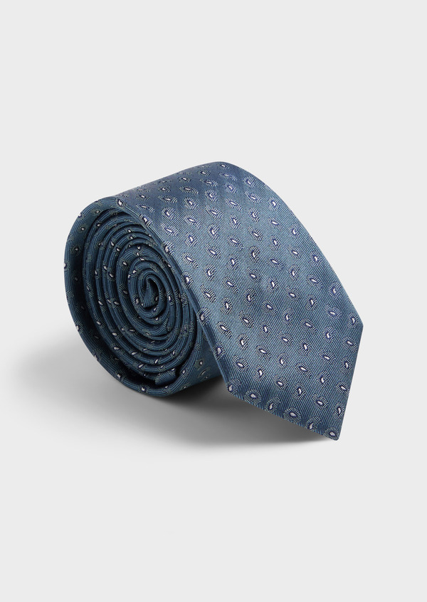 Cravate large en soie bleu prusse à motif fantaisie blanc - Father and Sons 62040