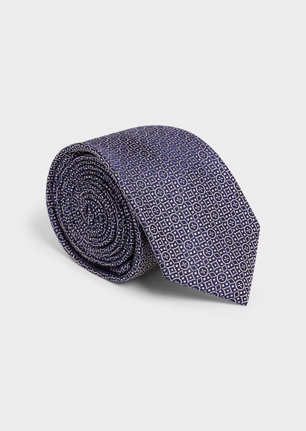 Cravate large en soie bleu marine à motif fantaisie rose pâle - Father and Sons 58141