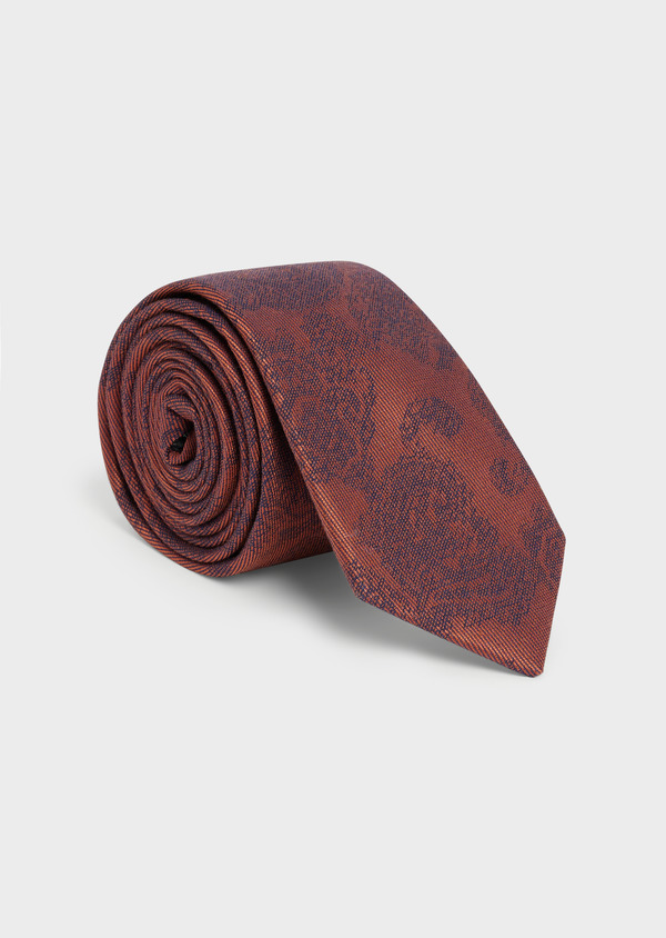 Cravate large en soie mélangée rouge brique à motif fantaisie bleu marine - Father and Sons 48247