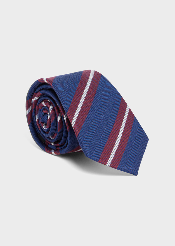 Cravate large en laine et soie bleu cobalt à rayures bordeaux et blanc - Father and Sons 49149