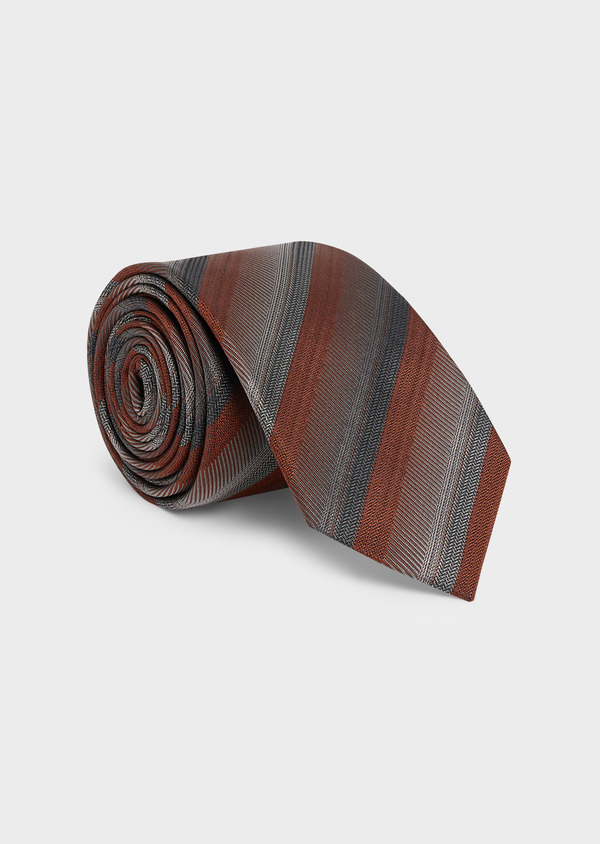 Cravate large en soie rouge brique à rayures bleues - Father and Sons 48507