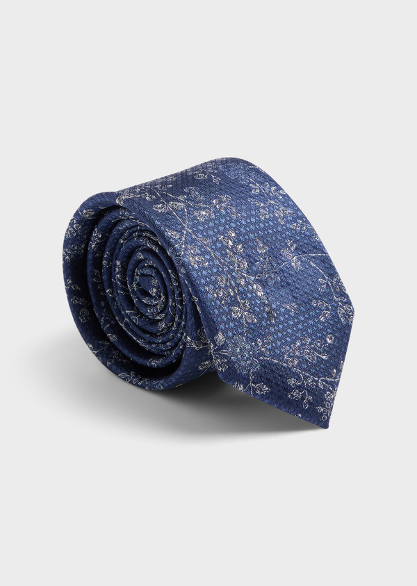Cravate large en soie bleu azur à motif fleuri blanc - Father and Sons 62029
