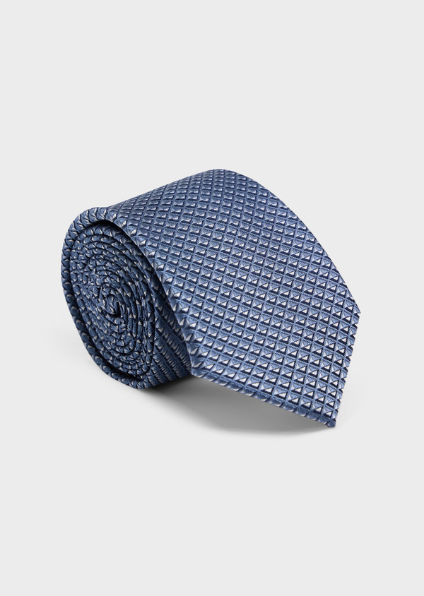 Cravate large en soie bleu turquin à motifs géométriques bleu et blanc - Father and Sons 62590