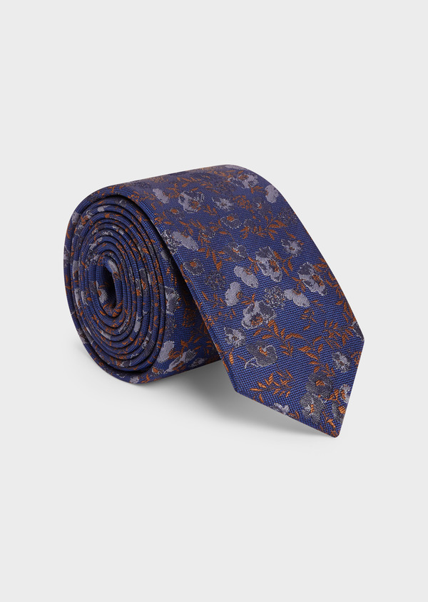 Cravate fine en soie bleu cobalt à motif fleuri marron - Father and Sons 48493