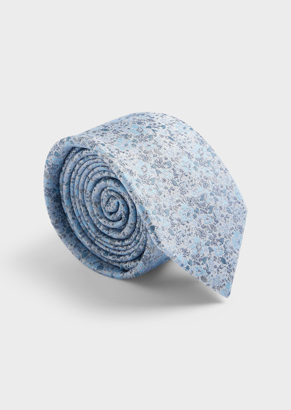 Cravate large en soie mélangée grise à motif fleuri bleu céruléen - Father and Sons 61825
