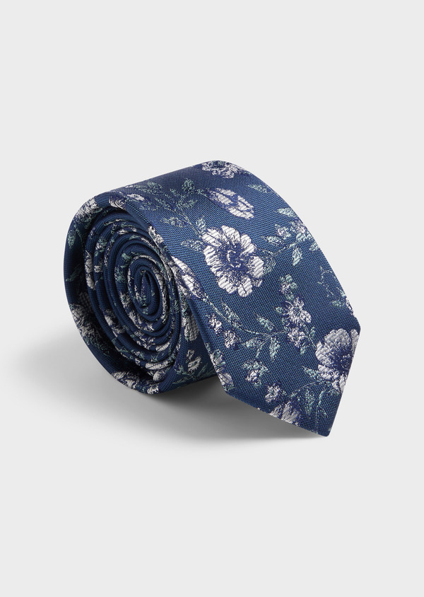 Cravate large en soie bleu pétrole à motif fleuri blanc et vert - Father and Sons 62043