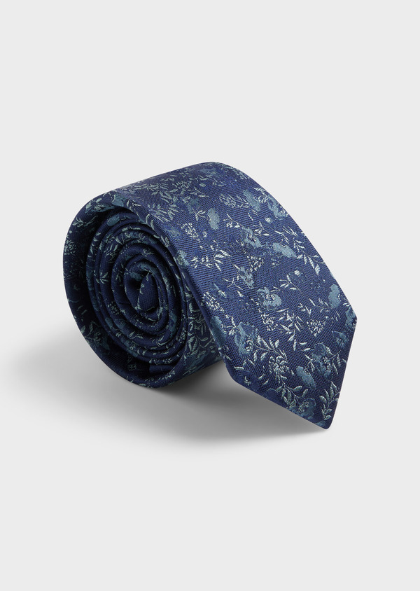 Cravate large en soie bleu pétrole à motif fleuri vert - Father and Sons 62044