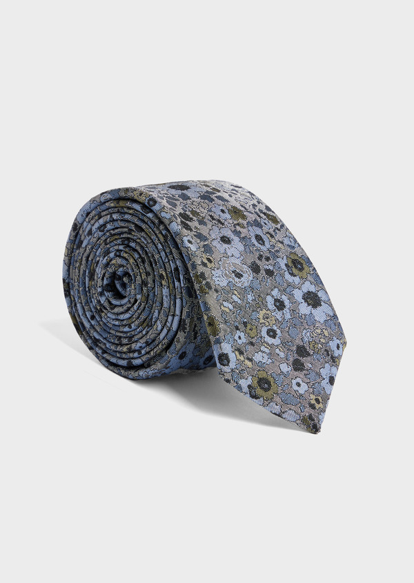 Cravate fine en soie mélangée grise à motif fleuri bleu ciel et vert - Father and Sons 52076
