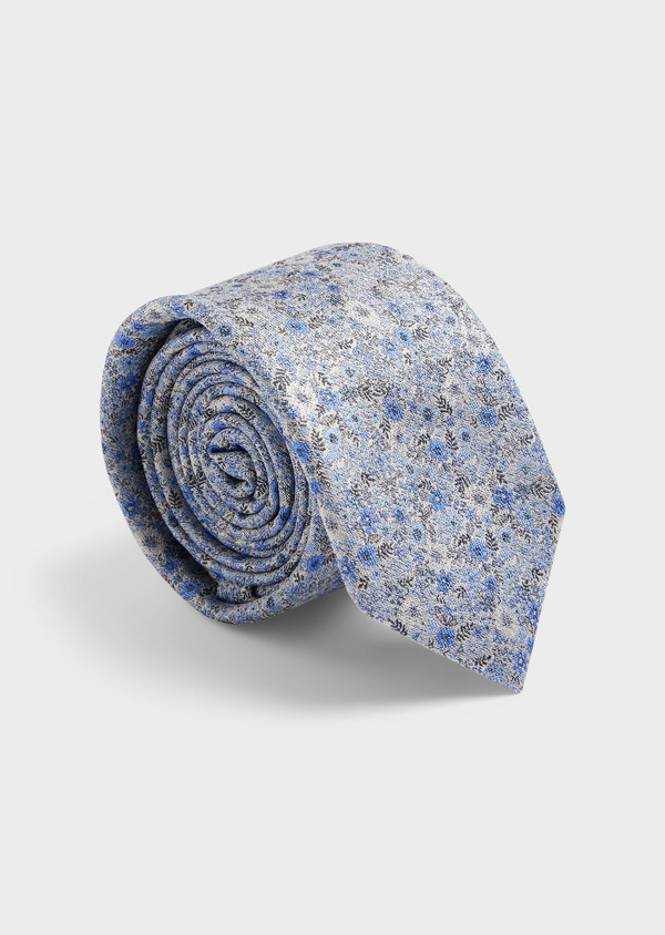 Cravate large en soie mélangée grise à motif fleuri bleu ciel - Father and Sons 61824